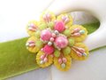 Vintage Pink Sugar Bead Yellow Plastic Leaf Brooch Flower Millinery Cluster Corsage Pin Mid Century Jewelry Gift, VivianJoel.com