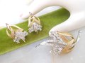 Vintage Rhinestone Jewelry Pin Brooch Earrings SET Flower Spray Gold Plate Mid Century Jewelry Gift, VivianJoel.com