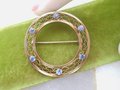 Vintage KREMENTZ Brooch Blue Crystal Wreath Pin Gold Overlay Minimalist Designer Mid Century Delicate Jewelry March Gift, VivianJoel.com