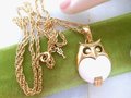 Vintage Crown TRIFARI Necklace Owl Pendant Designer White Lucite Resin Gold Plate Modernist Mid Century Jewelry Gift, VivianJoel.com