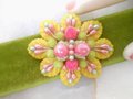 Vintage Pink Sugar Bead Yellow Plastic Leaf Brooch Flower Millinery Cluster Corsage Pin Mid Century Jewelry Gift, VivianJoel.com