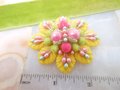 Vintage Pink Sugar Bead Yellow Plastic Leaf Brooch Flower Millinery Cluster Corsage Pin Mid Century Jewelry Gift, VivianJoel.com