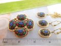 Vintage SARAH COVENTRY Designer Necklace Brooch Earrings SET Light of the East Faux Mosaic Glass Jewelry Gift Mid Century, VivianJoel.com
