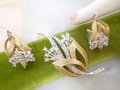 Vintage Rhinestone Jewelry Pin Brooch Earrings SET Flower Spray Gold Plate Mid Century Jewelry Gift, VivianJoel.com