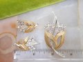 Vintage Rhinestone Jewelry Pin Brooch Earrings SET Flower Spray Gold Plate Mid Century Jewelry Gift, VivianJoel.com