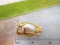 Vintage MARVELLA Owl Bird Brooch Jelly Belly Pin Pearl Rhinestone Designer Figural Mid Century Jewelry Gift,  VivianJoel.com