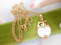 Vintage Crown TRIFARI Necklace Owl Pendant Designer White Lucite Resin Gold Plate Modernist Mid Century Jewelry Gift, VivianJoel.com