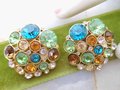 Vintage Jumbo Earrings Rhinestone Clip On Blue Green Crystal Fruit Salad Statement Jewelry Mid Century, VivianJoel.com