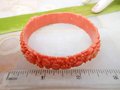 Vintage Celluloid Bangle Bracelet Coral Rose Flower Garland Carved Molded Plastic Art Deco Bakelite Era Mid Century Jewelry, VivianJoel.com