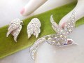 Vintage SARAH COVENTRY Bird of Paradise Brooch Earrings SET Crystal Rhinestone Aurora Borealis Designer Mid Century Jewelry, VivianJoel.com