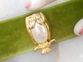 Vintage MARVELLA Owl Bird Brooch Jelly Belly Pin Pearl Rhinestone Designer Figural Mid Century Jewelry Gift,  VivianJoel.com
