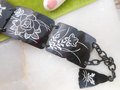Vintage Etched Flower Bracelet Wide Black Enamel Link Asian Theme Unique Mid Century, VivianJoel.com