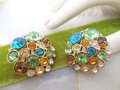 Vintage Jumbo Earrings Rhinestone Clip On Blue Green Crystal Fruit Salad Statement Jewelry Mid Century, VivianJoel.com