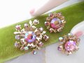 Vintage Pink Rhinestone Brooch Earrings Set Clip On Aurora Borealis Flower Pin Regency Revival Mid Century Jewelry Gift, VivianJoel.com
