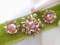 Vintage Pink Rhinestone Brooch Earrings Set Clip On Aurora Borealis Flower Pin Regency Revival Mid Century Jewelry Gift, VivianJoel.com