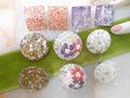 Vintage LOT 5 Confetti Earrings Lucite Old Plastic Resin Clip On Glitter Tinsel Purple Gold Destash Mid Century Jewelry, VivianJoel.com