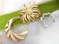 Vintage LOT 3 MONET Designer Brooch Gold Plate Classic Timeless Collection Flower Clover Moon Jewelry Gift Mid Century, VivianJoel.com