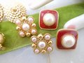 Vintage MONET LOT 4 Designer Earrings Clip On Red Enamel Faux Pearl Gold Plate Dangle Drop Classic Jewelry Gift Mid Century, VivianJoel.com