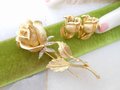 Vintage CAPRI Flower Brooch Earrings Set Rose Pin Rhinestone Clip On Gold Plate Designer Jewelry Gift Mid Century, VivianJoel.com