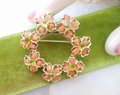 Vintage Coral Peridot Wreath Brooch Flower Pin Circle Retro Beach Tiki Tropical Mid Century Jewelry Gift, VivianJoel.com