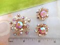 Vintage Pink Rhinestone Brooch Earrings Set Clip On Aurora Borealis Flower Pin Regency Revival Mid Century Jewelry Gift, VivianJoel.com