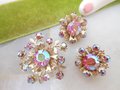 Vintage Pink Rhinestone Brooch Earrings Set Clip On Aurora Borealis Flower Pin Regency Revival Mid Century Jewelry Gift, VivianJoel.com