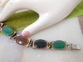 Vintage Glass Gem Bracelet Multi Link Modernist Chunky Chain Jade Onyx Maple Jewelry Mid Century *as is*, VivianJoel.com