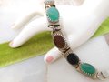 Vintage Glass Gem Bracelet Multi Link Modernist Chunky Chain Jade Onyx Maple Jewelry Mid Century *as is*, VivianJoel.com