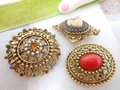 Vintage LOT 3 Victorian Revival Brooch Cameo Pin Collection Rhinestone Ornate Mid Century Jewelry Gift, VivianJoel.com