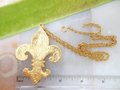 Vintage Fleur De Lis Pendant Necklace Rhinestone Faux Pearl Mogul Regency Revival Mid Century Jewelry Gift, VivianJoel.com