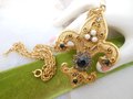 Vintage Fleur De Lis Pendant Necklace Rhinestone Faux Pearl Mogul Regency Revival Mid Century Jewelry Gift, VivianJoel.com