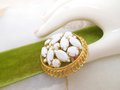 Vintage Milk Glass Brooch Summer White Pin Rhinestone Wedding Mod Mid Century Jewelry Gift, VivianJoel.com