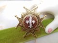 Vintage Maltese Cross Brooch Heraldic Shield Pin Pendant Enamel Fleur De Lis Revival Coat of Arms Mid Century Jewelry, VivianJoel.com