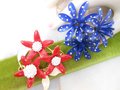 Vintage LOT 2 Flower Brooch Polka Dot Enamel Pin Cluster Brooch White Dark Blue Red MOD Patriotic Mid Century Jewelry, VivianJoel.com