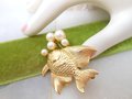 Vintage Koi Angel Fish Brooch Faux Pearl Gold Plate Pisces Beach Undersea Jewelry Mid Century Gift, VivianJoel.com