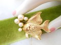 Vintage Koi Angel Fish Brooch Faux Pearl Gold Plate Pisces Beach Undersea Jewelry Mid Century Gift, VivianJoel.com