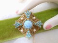 Vintage SPHINX Maltese Cross Brooch Blue Art Glass Pin Faux Pearl Orante Regency Revival Mid Century Jewelry Gift, VivianJoel.com