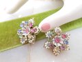 Vintage Plastic Flower Earrings Clip On Pastel Rhinestone Cluster Pink Blue Yellow Retro Kitsch Jewelry Gift Mid Century, VivianJoel.com