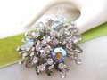 Vintage Jumbo Rhinestone Brooch Cluster Flower Starburst Pin Snowflake Gray Clear Ice AB Mid Century Jewelry Gift, VivianJoel.com
