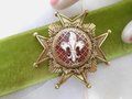 Vintage Maltese Cross Brooch Heraldic Shield Pin Pendant Enamel Fleur De Lis Revival Coat of Arms Mid Century Jewelry, VivianJoel.com