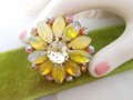 Vintage Sabrina Glass Brooch Yellow Flower Pin Rhinestone Pink Aurora Borealis Givre Starburst Jewelry Gift Mid Century, VivianJoel.com