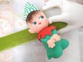 Vintage Rubber Christmas Pixie Elf JAPAN Plastic Tree Ornament Big Eye Stripe Hat Mid Century *FLAWED As Is*, VivianJoel.com