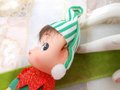 Vintage Rubber Christmas Pixie Elf JAPAN Plastic Tree Ornament Big Eye Stripe Hat Mid Century *FLAWED As Is*, VivianJoel.com