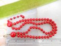 Vintage Red Art Glass Necklace Bead Two Strand Collar Choker Hand Knot Jewelry Festive Holiday Mid Century, VivianJoel.com