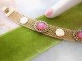 Vintage JUDY LEE Bracelet Mesh Link Fiery Pink Opal Art Glass Faux Pearl Gold Plate Jewelry Gift Designer Mid Century, VivianJoel.com