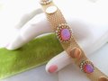 Vintage JUDY LEE Bracelet Mesh Link Fiery Pink Opal Art Glass Faux Pearl Gold Plate Jewelry Gift Designer Mid Century, VivianJoel.com