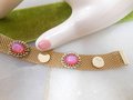 Vintage JUDY LEE Bracelet Mesh Link Fiery Pink Opal Art Glass Faux Pearl Gold Plate Jewelry Gift Designer Mid Century, VivianJoel.com