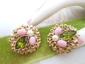 Vintage SARAH COVENTRY Earrings Clip On Green Rhinestone Pink Egg Fashion Splendor Designer Jewelry Gift Mid Century, VivianJoel.com