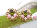 Vintage SARAH COVENTRY Earrings Clip On Green Rhinestone Pink Egg Fashion Splendor Designer Jewelry Gift Mid Century, VivianJoel.com