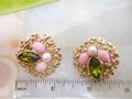 Vintage SARAH COVENTRY Earrings Clip On Green Rhinestone Pink Egg Fashion Splendor Designer Jewelry Gift Mid Century, VivianJoel.com